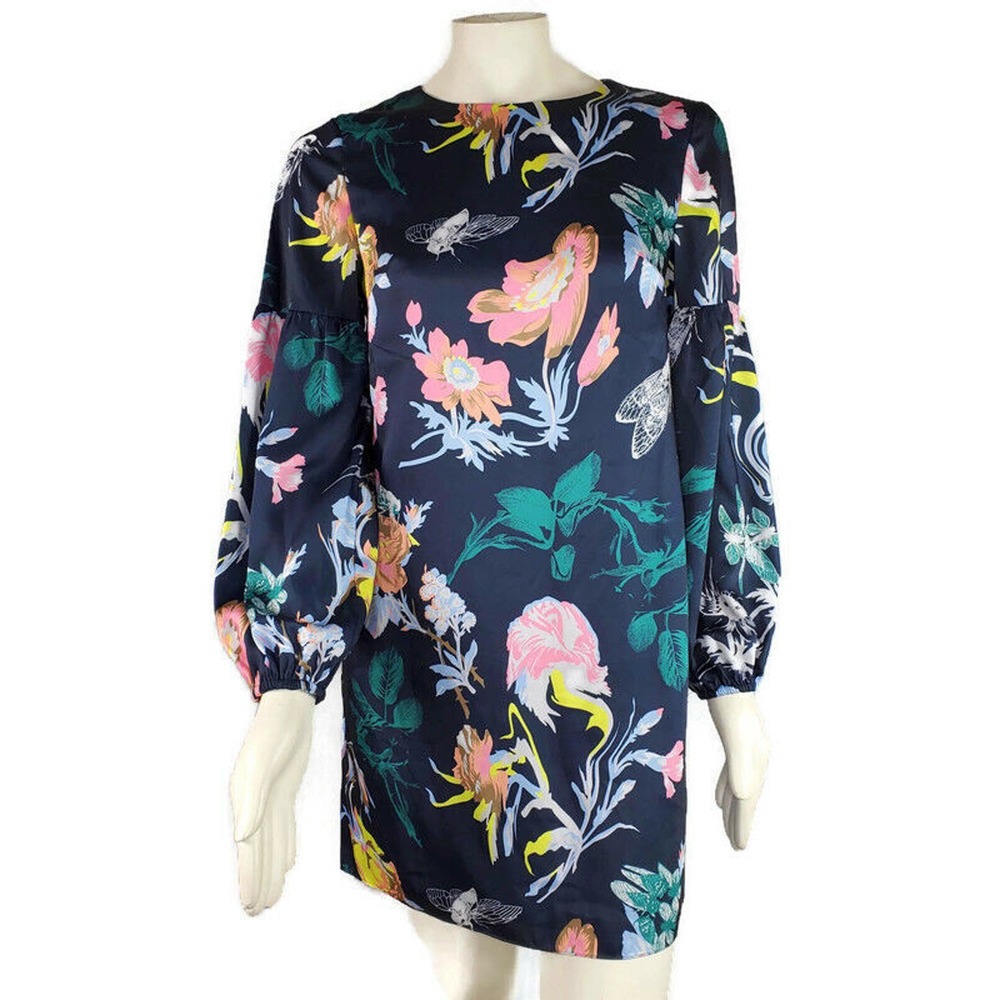 CC - Tibi Floral Edwardian Dress Women 2 Navy Blue Botanical Blouson Sleeve